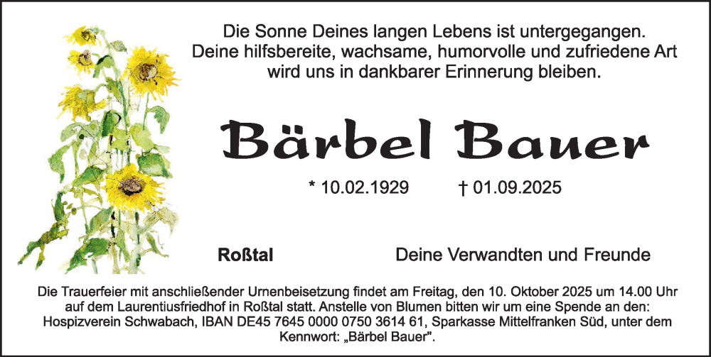  Traueranzeige für Bärbel Bauer vom 27.09.2025 aus Gesamtausgabe Nürnberger Nachrichten/ Nürnberger Ztg.