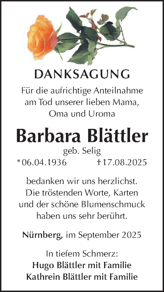 Traueranzeige von Barbara Blättler von Gesamtausgabe Nürnberger Nachrichten/ Nürnberger Ztg.