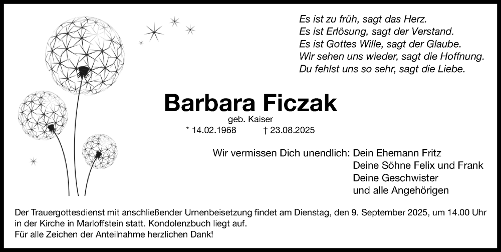  Traueranzeige für Barbara Ficzak vom 06.09.2025 aus Erlanger Nachrichten Lokal