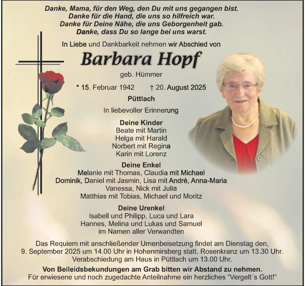  Traueranzeige für Barbara Hopf vom 06.09.2025 aus Nordbayerische Nachrichten Pegnitz Lokal
