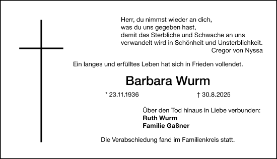 Traueranzeige von Barbara Wurm von Gesamtausgabe Nürnberger Nachrichten/ Nürnberger Ztg.