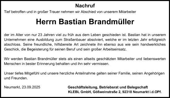 Traueranzeige von Bastian Brandmüller von Neumarkter Nachrichten Lokal