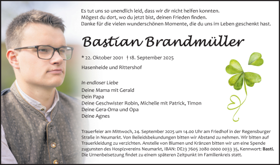 Traueranzeige von Bastian Brandmüller von Neumarkter Nachrichten Lokal