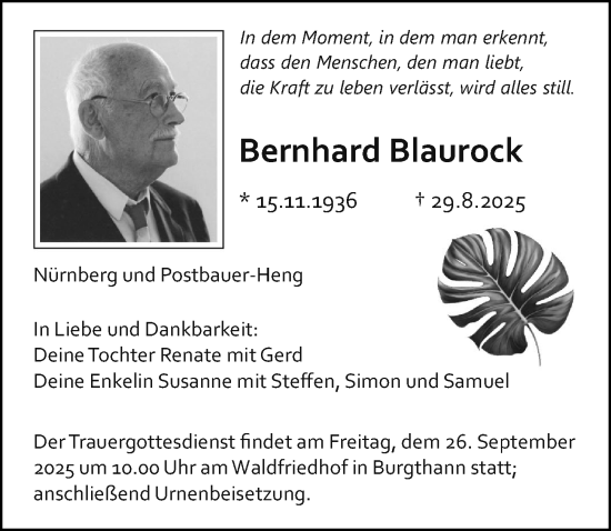 Traueranzeige von Bernhard Blaurock von Gesamtausgabe Nürnberger Nachrichten/ Nürnberger Ztg.