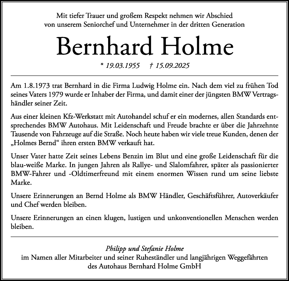  Traueranzeige für Bernhard Holme vom 27.09.2025 aus Nordbayerische Nachrichten Pegnitz Lokal