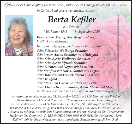 Traueranzeige von Berta Keßler von Neumarkter Nachrichten Lokal