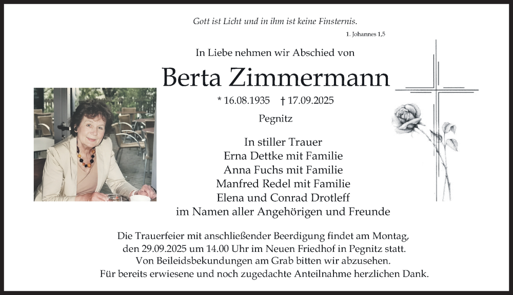  Traueranzeige für Berta Zimmermann vom 27.09.2025 aus Nordbayerische Nachrichten Pegnitz Lokal