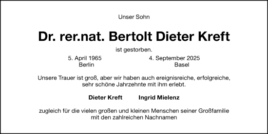 Traueranzeige von Bertolt Dieter Kreft von Gesamtausgabe Nürnberger Nachrichten/ Nürnberger Ztg.