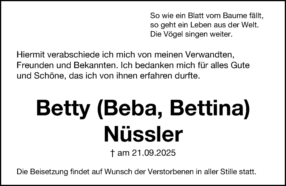  Traueranzeige für Betty Nüssler vom 27.09.2025 aus Gesamtausgabe Nürnberger Nachrichten/ Nürnberger Ztg.