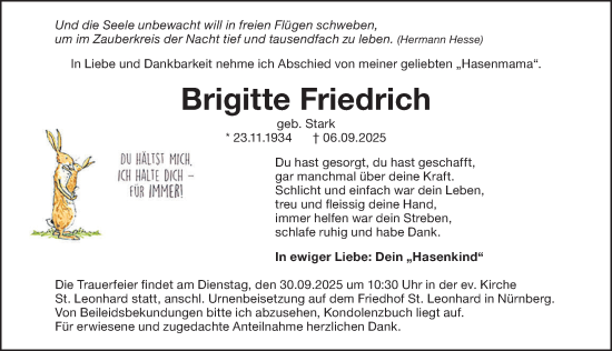 Traueranzeige von Brigitte Friedrich von Gesamtausgabe Nürnberger Nachrichten/ Nürnberger Ztg.
