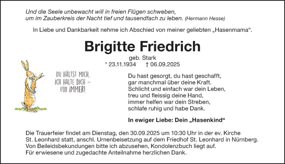  Traueranzeige für Brigitte Friedrich vom 20.09.2025 aus Gesamtausgabe Nürnberger Nachrichten/ Nürnberger Ztg.