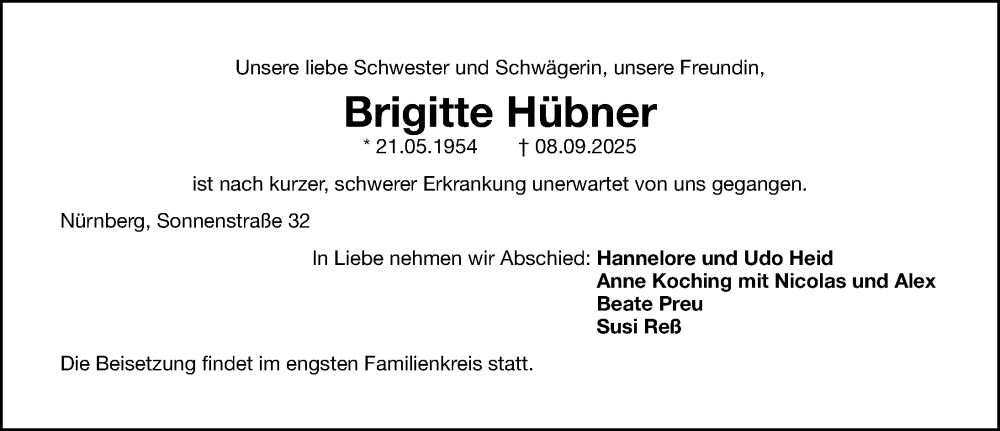  Traueranzeige für Brigitte Hübner vom 20.09.2025 aus Gesamtausgabe Nürnberger Nachrichten/ Nürnberger Ztg.