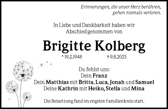 Traueranzeige von Brigitte Kolberg von Erlanger Nachrichten Lokal