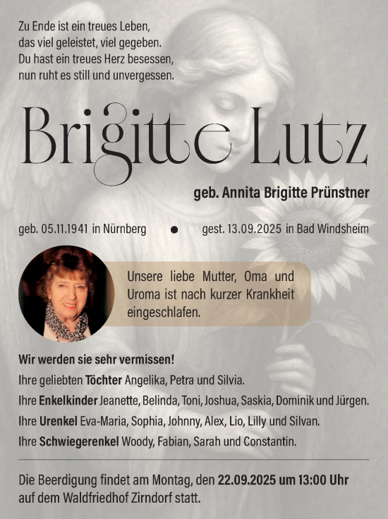 Traueranzeige von Brigitte Lutz von Gesamtausgabe Nürnberger Nachrichten/ Nürnberger Ztg.