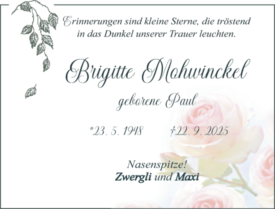 Traueranzeige von Brigitte Mohwinckel von Neumarkter Nachrichten Lokal