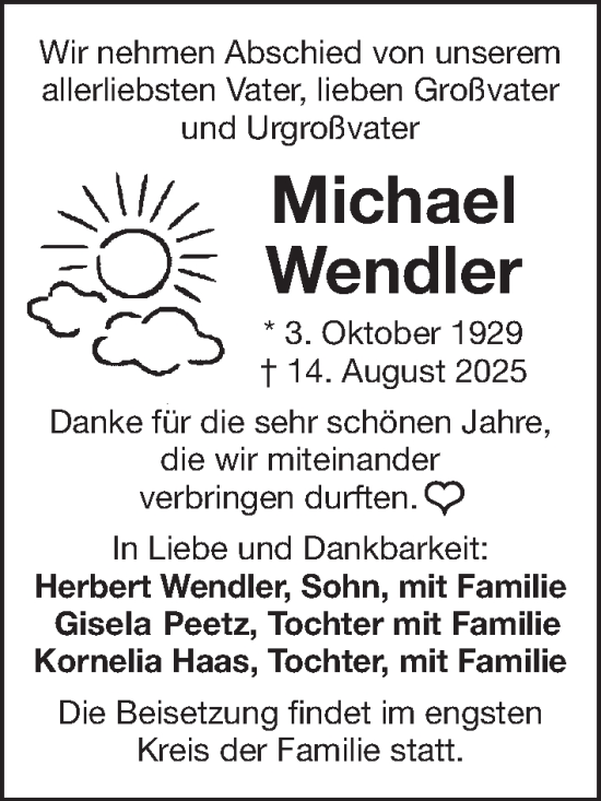 Traueranzeige von Michael Wendler von Gesamtausgabe Nürnberger Nachrichten/ Nürnberger Ztg.