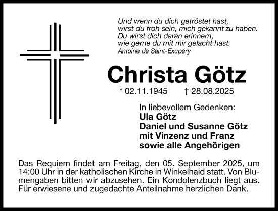 Traueranzeige von Christa Götz von Gesamtausgabe Nürnberger Nachrichten/ Nürnberger Ztg.