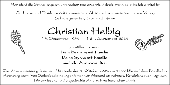 Traueranzeige von Christian Helbig von Schwabacher Tagblatt Lokal