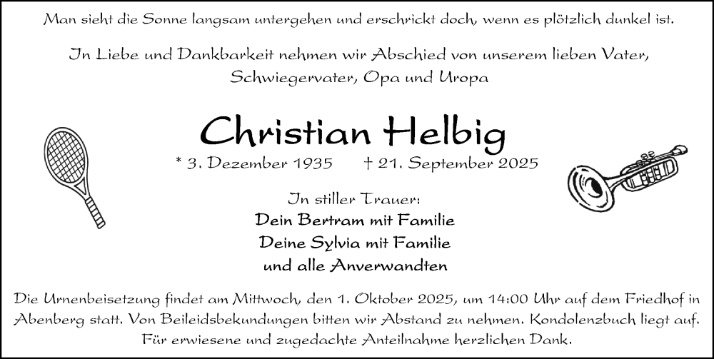  Traueranzeige für Christian Helbig vom 27.09.2025 aus Schwabacher Tagblatt Lokal