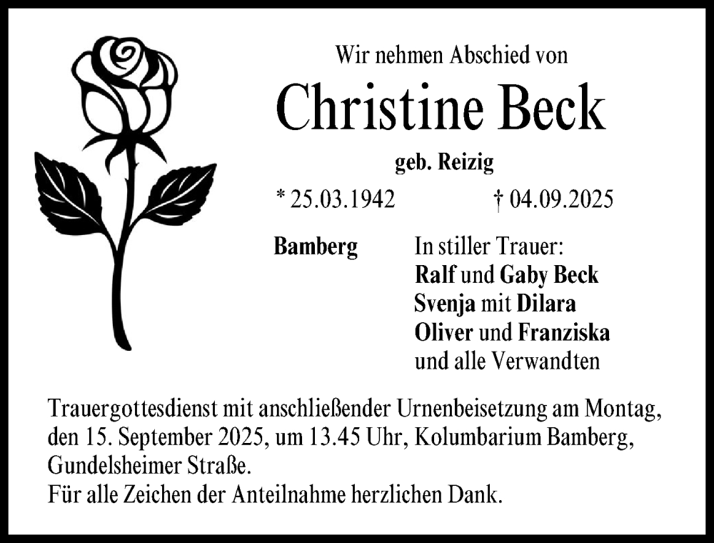  Traueranzeige für Christine Beck vom 13.09.2025 aus Erlanger Nachrichten Lokal