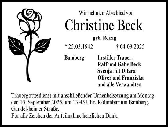 Traueranzeige von Christine Beck von Erlanger Nachrichten Lokal
