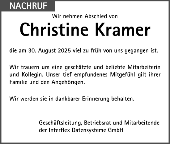 Traueranzeige von Christine Kramer von Erlanger Nachrichten Lokal