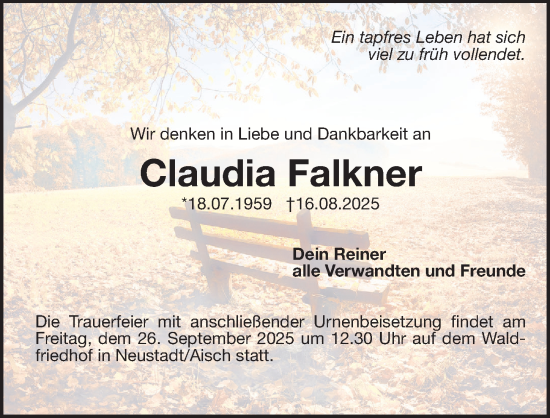 Traueranzeige von Claudia Falkner von Gesamtausgabe Nürnberger Nachrichten/ Nürnberger Ztg.