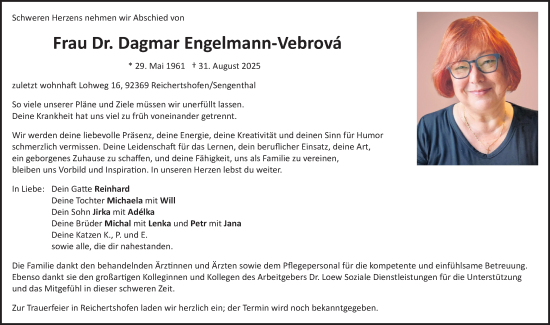 Traueranzeige von Dagmar Engelmann-Vebrova von Neumarkter Nachrichten Lokal