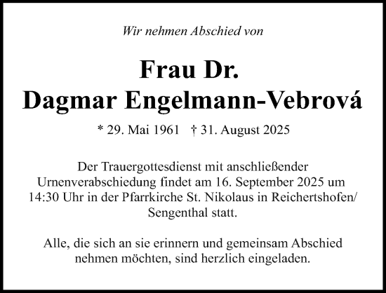 Traueranzeige von Dagmar Engelmann-Vebrova von Neumarkter Nachrichten Lokal