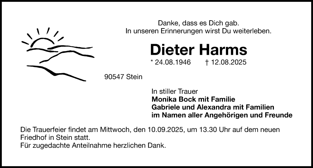  Traueranzeige für Dieter Harms vom 06.09.2025 aus Gesamtausgabe Nürnberger Nachrichten/ Nürnberger Ztg.
