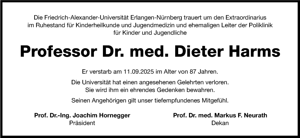  Traueranzeige für Dieter Harms vom 29.09.2025 aus Gesamtausgabe Nürnberger Nachrichten/ Nürnberger Ztg.