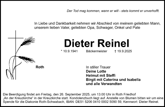 Traueranzeige von Dieter Reinel von Roth-Hilpoltsteiner Volkszeitung Lokal