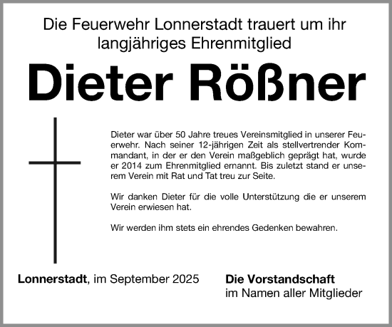 Traueranzeige von Dieter Rößner von Erlanger Nachrichten Lokal