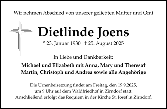 Traueranzeige von Dietlinde Joens von Gesamtausgabe Nürnberger Nachrichten/ Nürnberger Ztg.