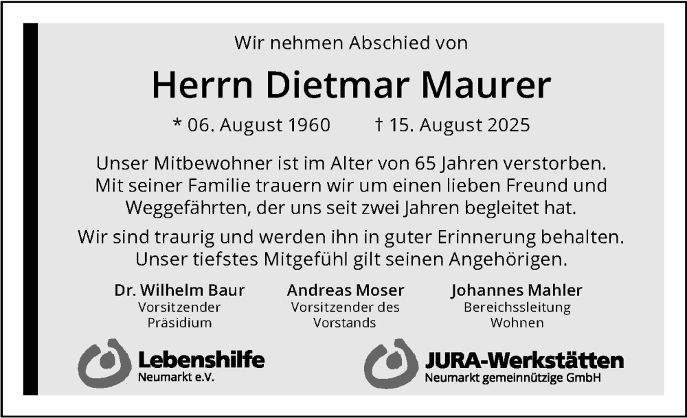  Traueranzeige für Dietmar Maurer vom 17.09.2025 aus Neumarkter Nachrichten Lokal