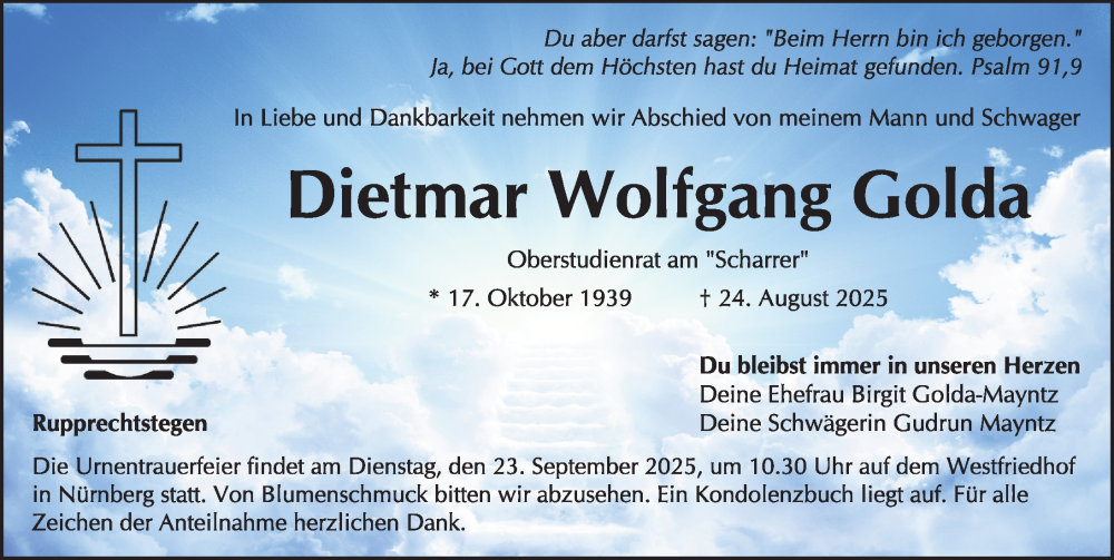  Traueranzeige für Dietmar Wolfgang Golda vom 20.09.2025 aus Gesamtausgabe Nürnberger Nachrichten/ Nürnberger Ztg.
