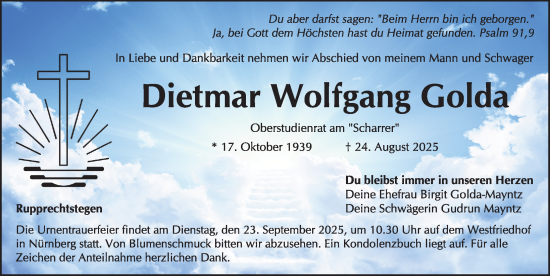 Traueranzeige von Dietmar Wolfgang Golda von Gesamtausgabe Nürnberger Nachrichten/ Nürnberger Ztg.