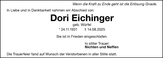 Traueranzeige von Dori Eichinger von Gesamtausgabe Nürnberger Nachrichten/ Nürnberger Ztg.