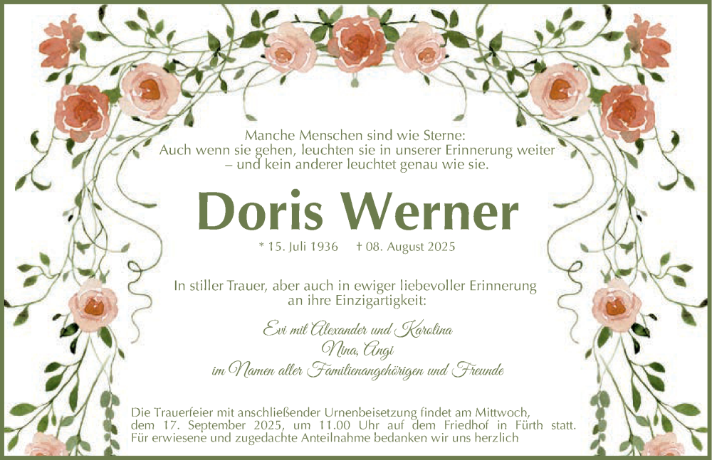  Traueranzeige für Doris Werner vom 06.09.2025 aus Fürther Nachrichten Lokal
