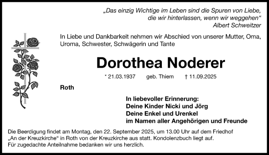 Traueranzeige von Dorothea Noderer von Roth-Hilpoltsteiner Volkszeitung Lokal