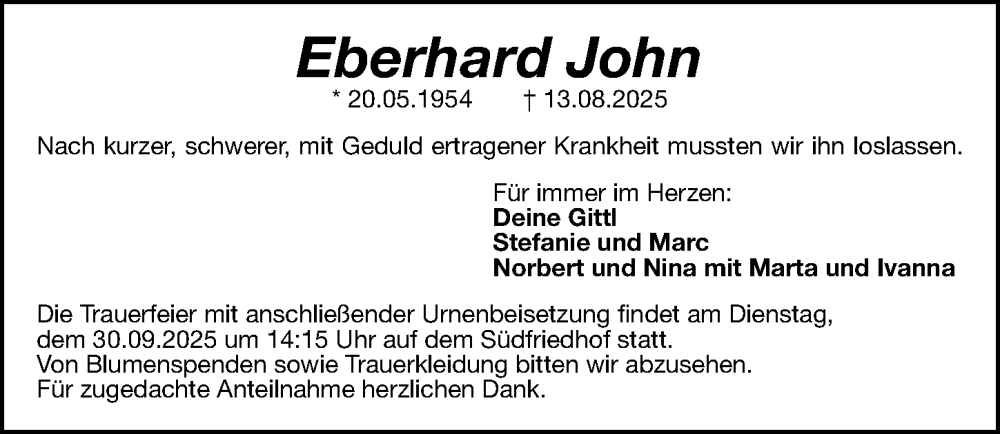  Traueranzeige für Eberhard John vom 20.09.2025 aus Gesamtausgabe Nürnberger Nachrichten/ Nürnberger Ztg.