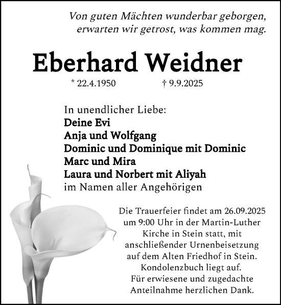 Traueranzeige von Eberhard Weidner von Gesamtausgabe Nürnberger Nachrichten/ Nürnberger Ztg.