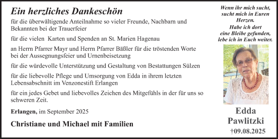 Traueranzeige von Edda Pawlitzki von Erlanger Nachrichten Lokal