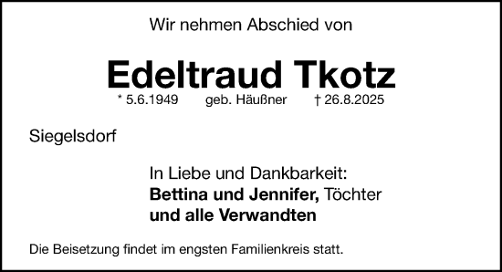 Traueranzeige von Edeltraud Tkotz von Fürther Nachrichten Lokal