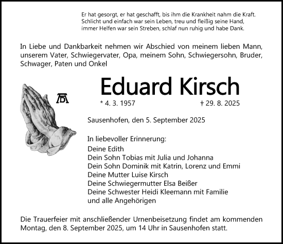 Traueranzeige von Eduard Kirsch von Altmühl-Bote Lokal