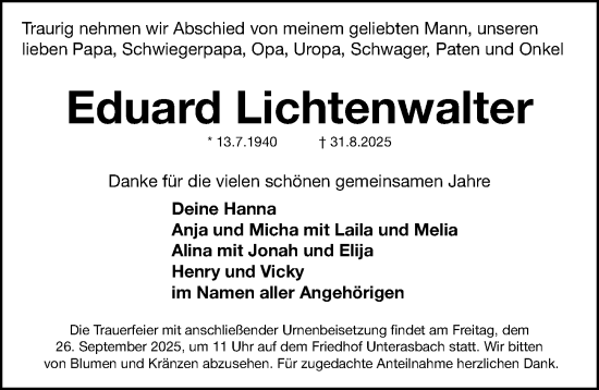 Traueranzeige von Eduard Lichtenwalter von Fürther Nachrichten Lokal