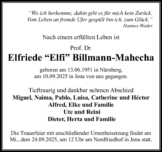 Traueranzeige von Elfriede Billmann-Mahecha von Erlanger Nachrichten Lokal