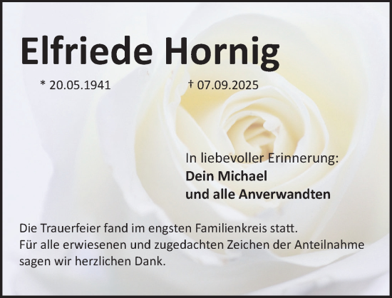 Traueranzeige von Elfriede Hornig von Gesamtausgabe Nürnberger Nachrichten/ Nürnberger Ztg.