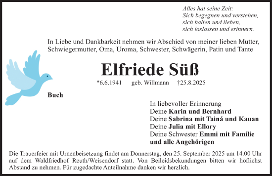 Traueranzeige von Elfriede Süß von Nordbayerische Nachrichten Herzogenaurach Lokal