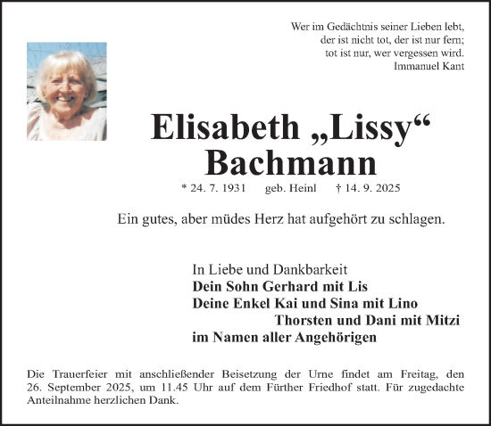 Traueranzeige von Elisabeth Bachmann von Fürther Nachrichten Lokal